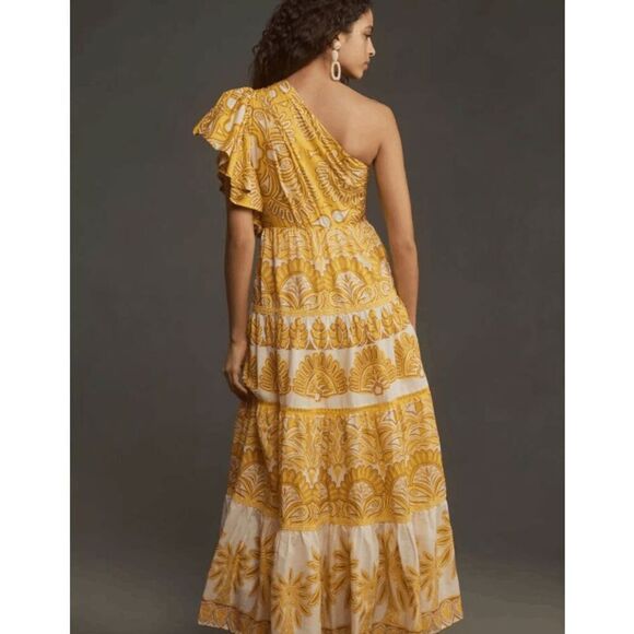 NWT Farm Rio Ainika Tapestry Yellow One Shoulder Maxi Dress Seashell Size Small - Picture 2 of 16